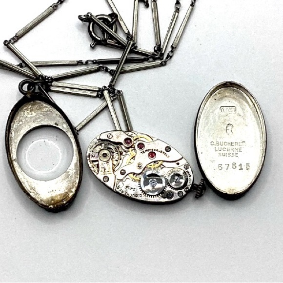 SALE Antique C. Bucherer Lucerne Suisse .955 Silver 15J Guilloche Watch Pendant - Picture 8 of 15